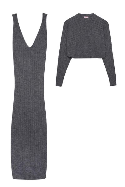 Quzu Smoke Color Sling Dress and Bolero Knitwear Set