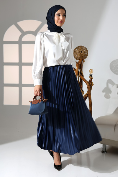 GİYSA Fusta lungă hijab din satin cu talie elastică indigo pentru femei - 2024-2