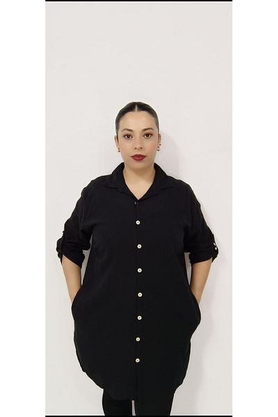 AKŞEN GİYİM LARGE SIZE 100% COTTON LINEN DOMINANT COLLAR WITH SIDE POCKETS SLIT SIDE FOLDABLE SLEEVE TUNIC