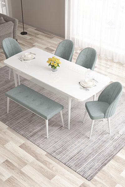 Canisa Roz Serisi 80x132 Mdf Beyaz Masa Takımı 4 Su Yeşili Sandalye Ve 1 Bench