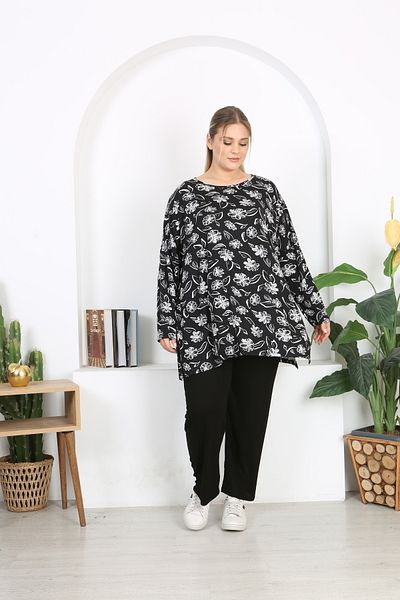XL Modam Women's Long Sleeve Licra Viskose Patterned Large Size Tunic
