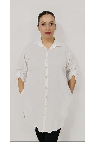 AKŞEN GİYİM Plus Size 100% Cotton Linen Authentic Tunic with High Collar Side Pockets and Slits on the Sides
