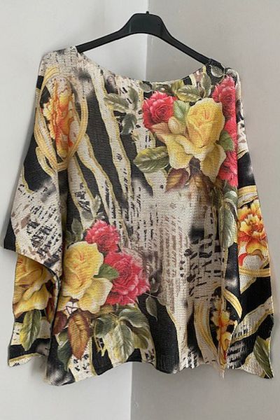 AYASOFYA OTANTIK Women's Italian Ecru Silvery Tie-Dye Striped Floral Print Print Print Long Sleeve Mercerized Blouse Sweater