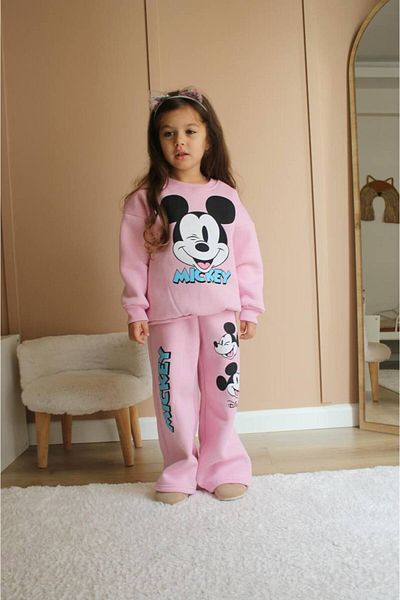 Lolliboomkids Set de sus și de jos pentru fete, bumbac, culoare roz pudrat, cu 3 fire, cu imprimeu Mickey