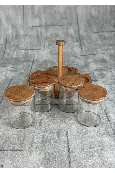HomeTarz Bamboo Jar Set - 5 Piece Spice Rack Set with Stand - 230 ml