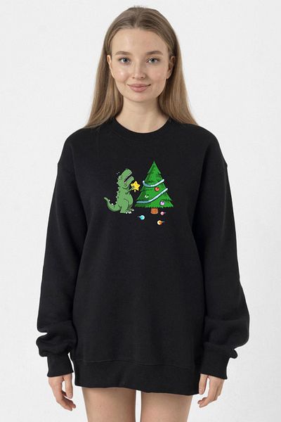 Tshirthane Dinosaur Christmas Tree Black Women's 2Ip Sweatshirt