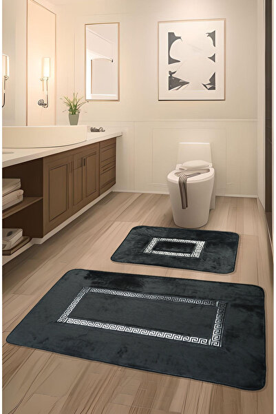 FeelHome مجموعة سجادة حمام ميرام غير قابلة للانزلاق، مكونة من قطعتين من الجلد الفاخر للغاية، باللون الفحمي