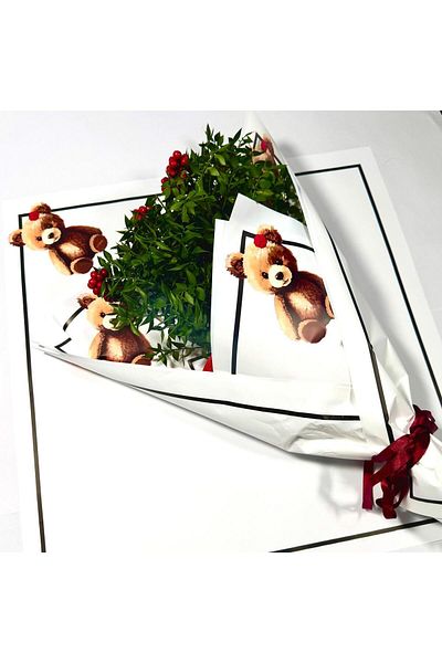 weloveis 50Mic Matte Porlize-10 Sheets Floral Bouquet Paper - Gift Bouquet with Teddy Bear Pattern and Frame