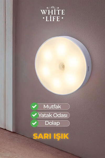 white life 8 Ledli Günışığı Hareket Sensörlü Led Işık Usb Şarjlı Led Işık Lamba Dolap Içi, Koridor 1 Adet