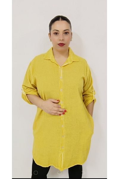 AKŞEN GİYİM LARGE SIZE 100% COTTON LINEN DOMINANT COLLAR WITH SIDE POCKETS SLIT SIDE FOLDABLE SLEEVE TUNIC