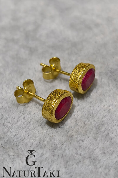 Naturtakı Gerçek Yakut Doğal Taşlı 24 Ayar Saf Altın Çıkmaz Kaplama Mücevher Vidalı Gümüş Kadın Küpe
