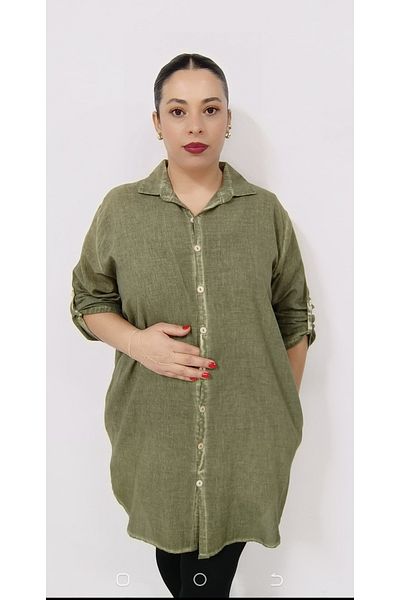 AKŞEN GİYİM LARGE SIZE 100% COTTON LINEN DOMINANT COLLAR WITH SIDE POCKETS SLIT SIDE FOLDABLE SLEEVE TUNIC