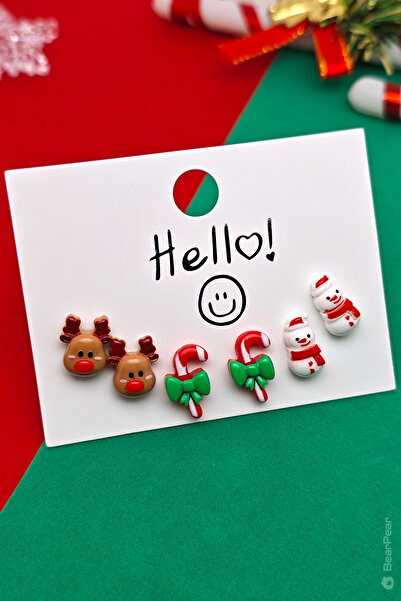 BP Tattoo Yılbaşı Küpesi Noel Temalı 6'lı Küpe Set Kardan Adam ve Geyik Küpe