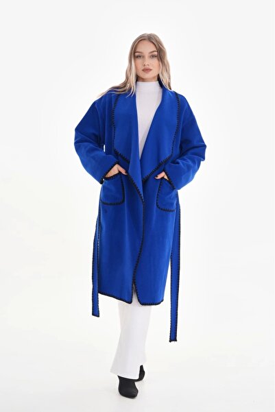 ayakuydur Kadın Saks Mavi Kuşaklı Kaşe Kaban