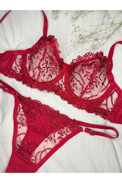 ROZENİN LINGERIE New Year's Gift Red Floral Underwire Capless Embroidery Bra Set (Large and Small Size)