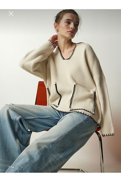 Butik Serdivan Pulover de damă, cu cusături ciobănesc, cu mânecă lungă, fără umăr, cu buzunare