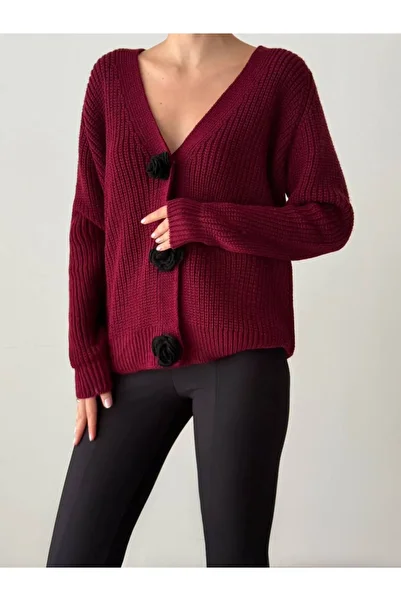 Butik Serdivan Oversize Rose Buttoned Thessaloniki Knit Cardigan for Women - Premium, New Season Trend