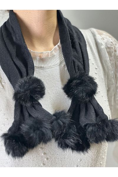 Gönülden Tasarım Eșarfă de damă cu pompon din blană neagră - 40x10 cm Accesoriu pentru gât