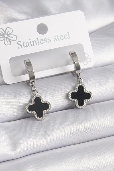 Clariss 316L Steel Silver Color Black Clover Model Women's Earrings
