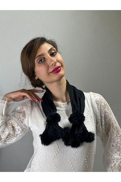 Gönülden Tasarım Eșarfă de damă cu pompon din blană neagră - 40x10 cm Accesoriu pentru gât