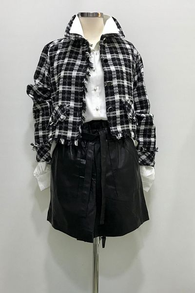 Çikoby Girl's Checkered Tweed Jacket - Leather Shorts - Shirt Set