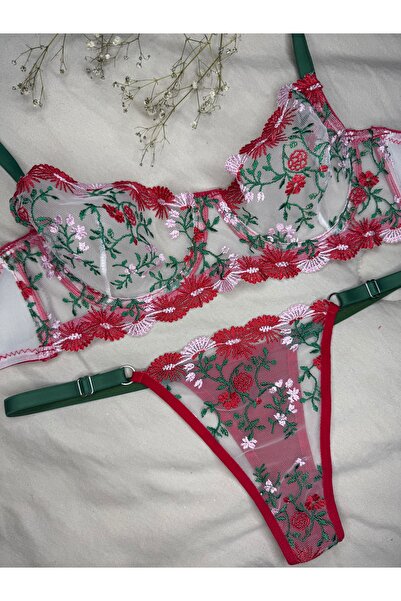 ROZENİN LINGERIE Christmas Gift Red Green Floral Underwire Cupless Tulle Bra Set (Bra Thong)