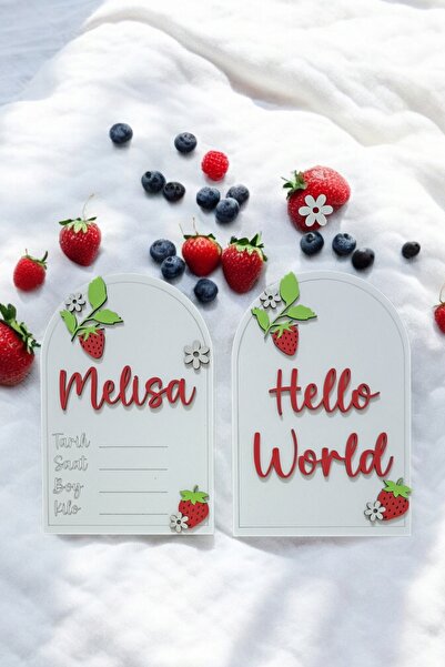aze kids 3d Kişiye Özel Çilek Temalı Yenidoğan Hello world Merhaba Dünya Bebe...