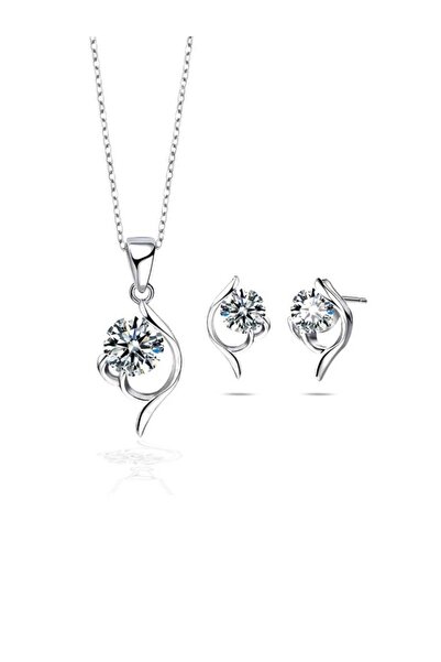 Brezza Lusso Jewelry Gümüş Zirkon Taşlı Bayan Kolye Küpe Set Gümüş Takı Seti