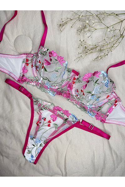 ROZENİN LINGERIE Set sutien din tul fără cupă cu sârmă, verde fucsia (SUTIEN TANGA)