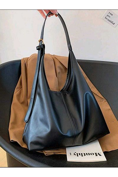 Süzer Deri Women's Black Shoulder Bag - Soft Faux Leather, Casual Handbag