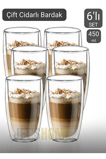 Jet's Home 6’lı Set Büyük Latte Bardağı Cappuccino Bardağı Çift Cidarlı Barda...