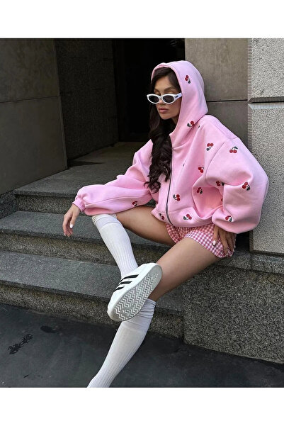 Genel Markalar Büyük Beden Unisex Kiraz Baskılı Oversize Fermuarlı Hırka