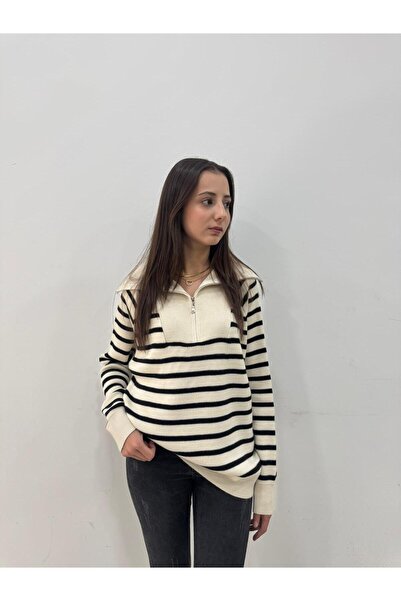 NOBLELOOK Kadın Çizgili Oversize Kesim Fermuarlı Triko Kazak