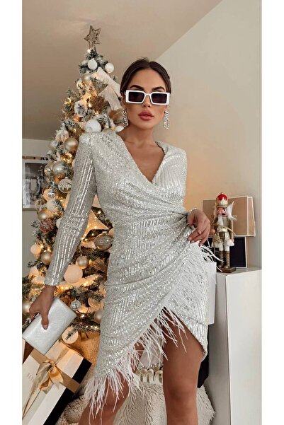 1Moda1Tarz Дамска рокля от вносен пайетиран плат с пернати цепки и подплата с...