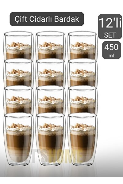 Jet's Home 12’li Set Büyük Latte Bardağı Cappuccino Bardağı Çift Cidarlı Bard...