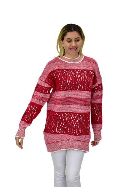 Nefise Pulover oversize cu dungi cu paiete pentru femei 7592 BGL-ST04076