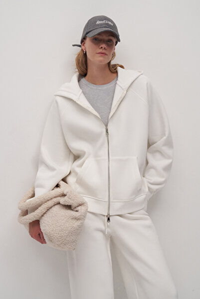 Mathilda Store Beyaz Oversize Çift Fermuar Detaylı Sweatshirt