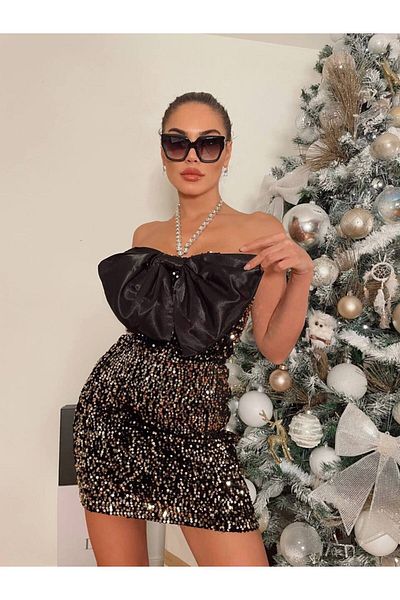 1Moda1Tarz Γυναικείο φόρεμα ειδικής σχεδίασης με εισαγόμενες παγιέτες από ύφασμα μπροστινό φιόγκο με λεπτομέρεια κολιέ