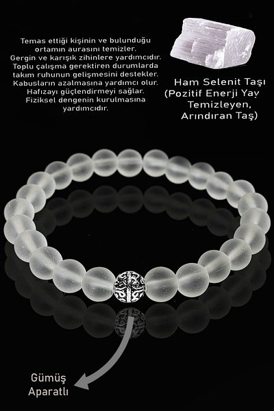 Tesbih Atölyesi Crystal Quartz Stone Bracelet - Raw Engraved and Certified, Silver Apparatus