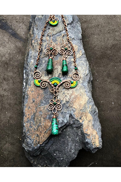 MODA El yapımı bakır tel sarma malakit doğal taşlı kolye küpe