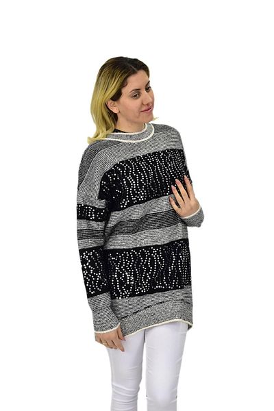 Nefise Pulover oversize cu dungi cu paiete pentru femei 7592 BGL-ST04076