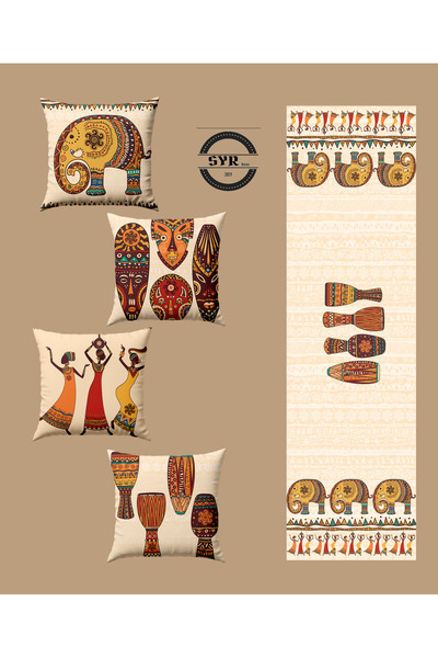 Sayra Home Dekoratif Tasarım Afrika Etnik Kadife Runner & Kırlent Kılıfı Seti...