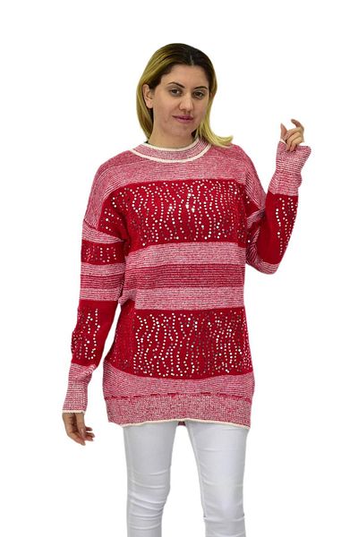 Nefise Pulover oversize cu dungi cu paiete pentru femei 7592 BGL-ST04076