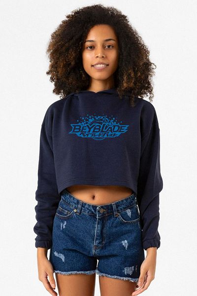 Tshirthane Beyblade Logo Navy Blue Women's Crop Hoodie