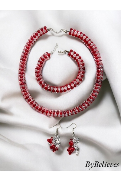 Butik KIRMIZI BEYAZ HEDİYELİK KOLYE BİLEKLİK KÜPE TAKIM