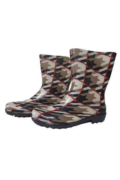 Emek Kadın Bej-Kırmızı Çizgili 23 Cm Kısa Bahçe Yağmur Çizmesi