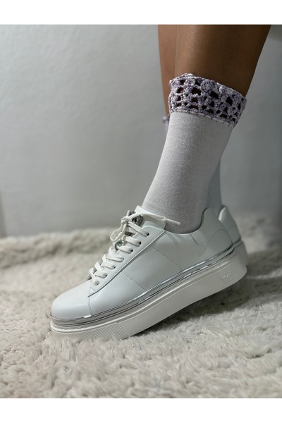 DİLARRA Boutique Lila Beyaz Tığ Örgü İşlemeli Beyaz Uzun Soket Çorap