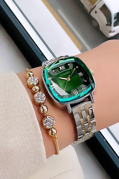 Homies Waterproof Gold Silver Green Women's Wrist Watch - Steel Band Bracelet Hmby2028C1