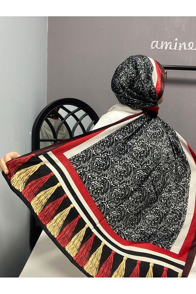 AMİNENESİL Aminenesil Cardion Premium Ethnic Pattern Σάλι Μαύρο Κόκκινο Χρώμα