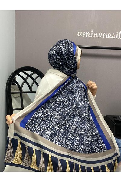 AMİNENESİL Cardion Premium Amminenesil Shawl - Ethnic Pattern, Saks Navy Blue Color